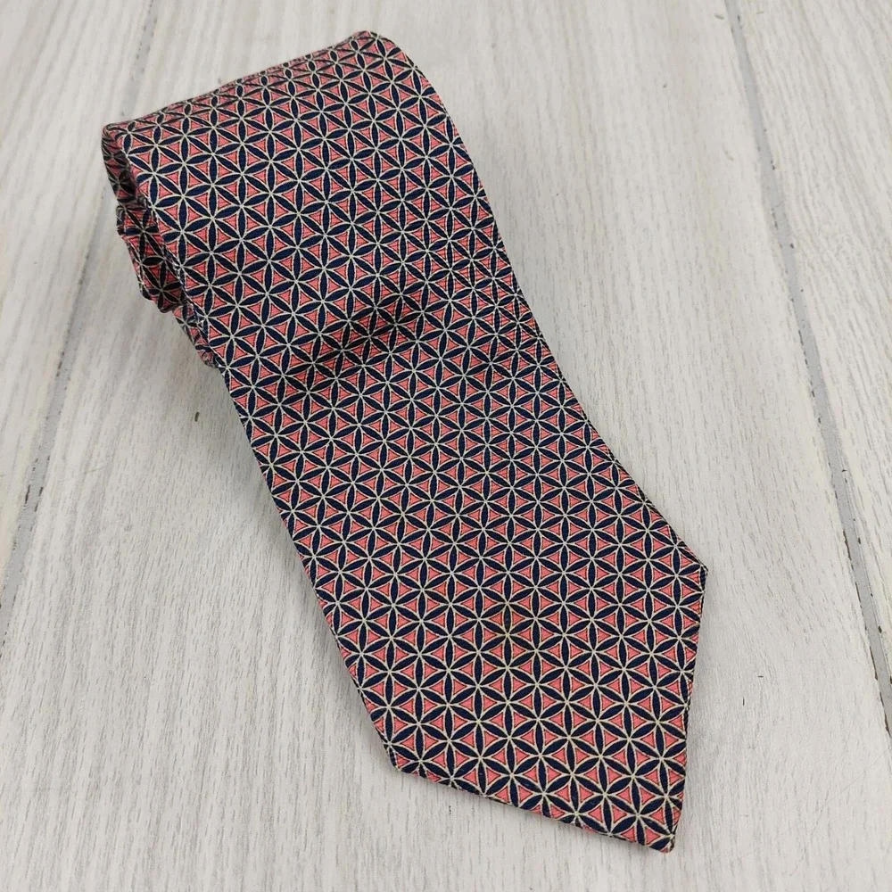 Brooks Brothers Makers Tie Mens OS Navy Pink Silk Geometric Flower Made in USA